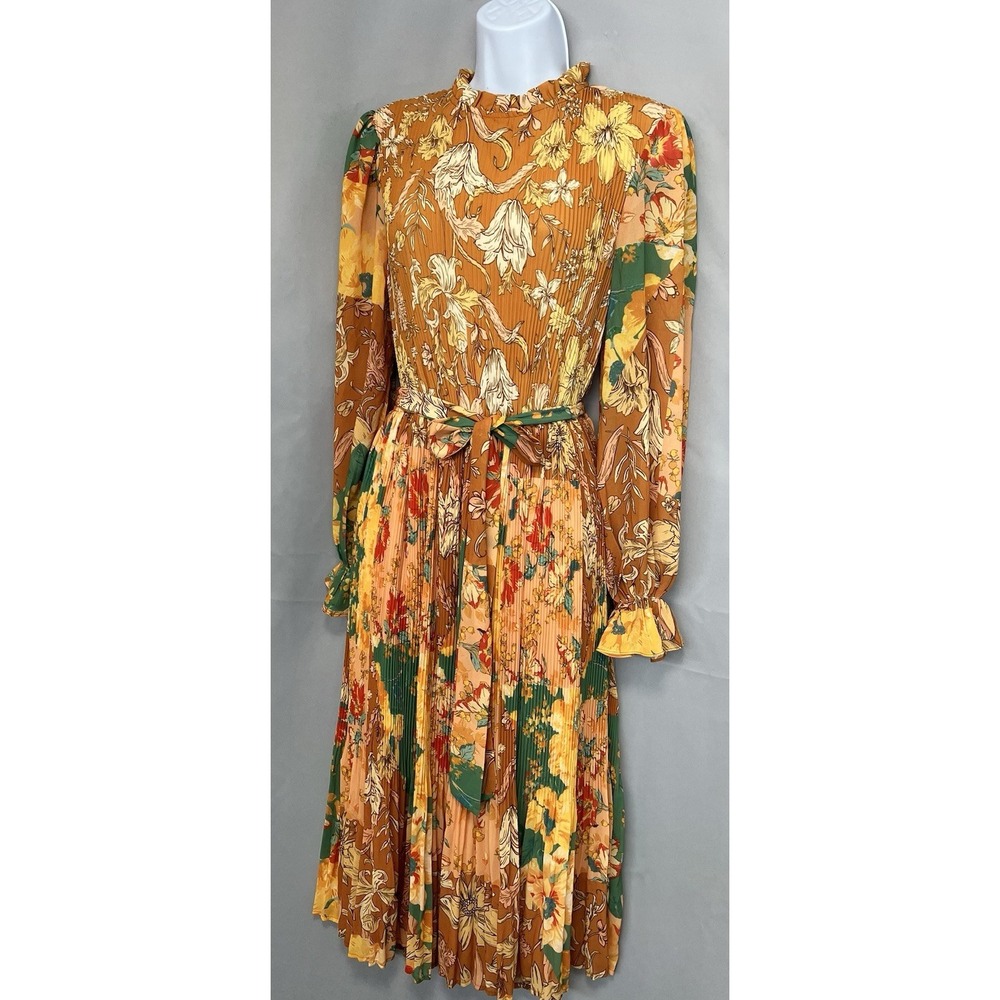 Flying Tomato Women's Modest Chiffon Pleated Boho Long Sleeve Midi Dress Sz S - Picture 5 of 14